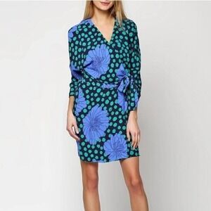 Vintage H&M Floral Polka Dot Wrap Dress Blue Teal Navy Long Sleeve V-Neck Mini